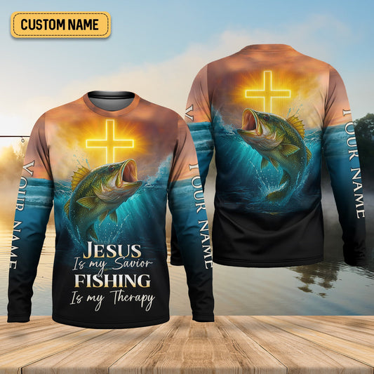 Joycorners Jesus Is My Savior Fishing Is My Therapy SPF Shirts, Jesus Fishing Shirt, Fishing Shirts For Men