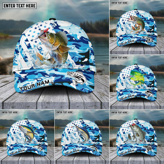 Joycorners Fishing Blue White Seawwave American Flag Pattern Sport Pattern Personalized Name 3D Cap (11 Breeds)