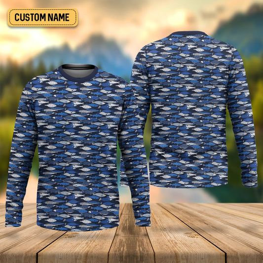 Joycorners Blue Fish Pattern Performance Fishing Shirts, SPF Shirt For Men, Hooded Fishing Shirt, Fishing Shirts For Men