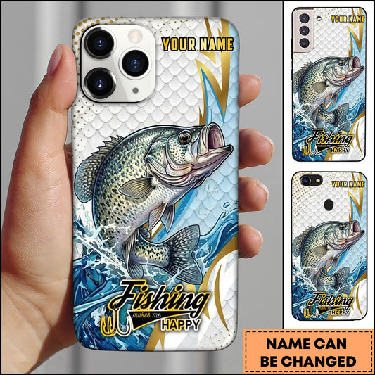 Joycorners Crappie Fishing Phone Case Splash Water Gold Lightning Pattern Personalized Name Phone Case