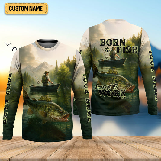 Joycorners Born To Fish Forced To Work Fishing SPF Shirts, Custom Fishing Shirts, Fishing Shirts For Men, Funny Fisherman Gift