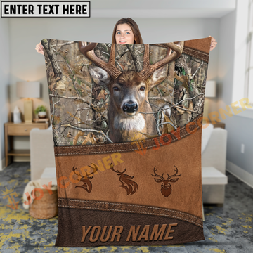 Joycorners Rustic Leather Whitetail Deer Camo Frame Personalized 3D Blanket