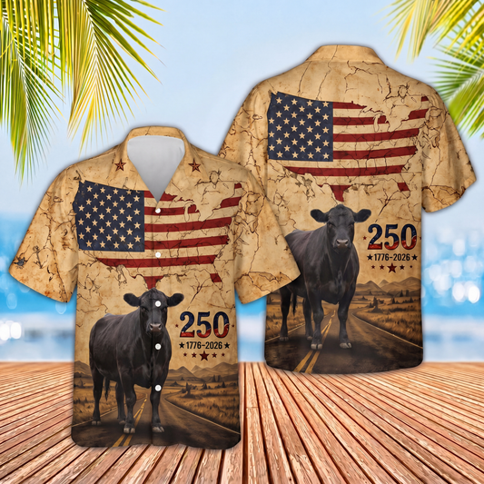 Joycorners Rustic USA Map Cows America 250th Anniversary 3D Hawaiian Shirt (10 Breeds)
