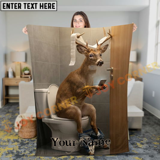 Joycorners Funny Deer Using Smartphone on Toilet Bathroom Stall Personalized 3D Blanket