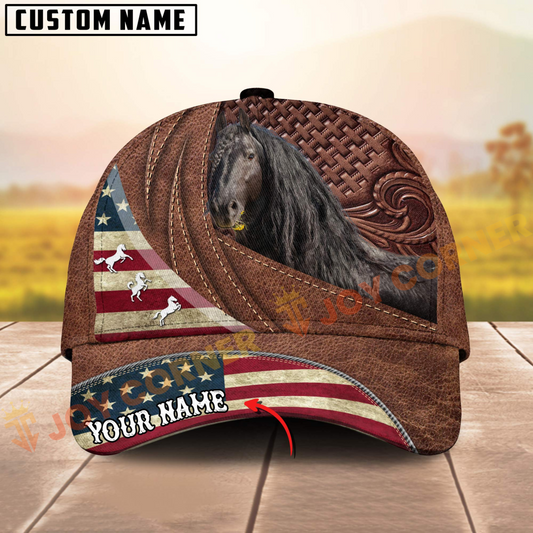 Joycorners Friesian Horse American Flag Personalized Name 3D Cap