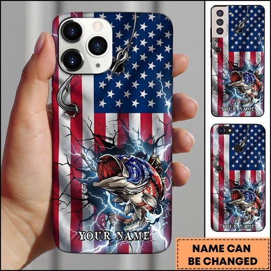 Joycorners Bass Fishing Phone Case American Flag Lightning Design Personalized Name 3D Phone Case
