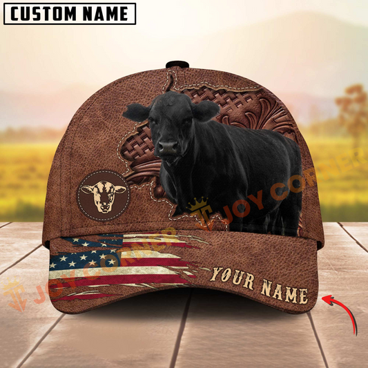 Joycorners Black Angus American Flag Personalized Name 3D Cap
