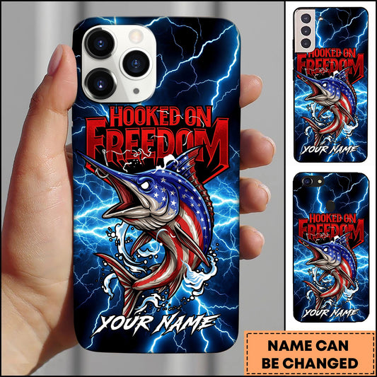 Joycorners Marlin Fishing Phone Case Hooked On Freedom Lightning Art Personalized Name 3D Phone Case