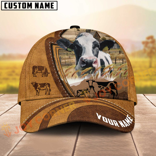 Joycorners Cow Brown Leather Farm Personalized Name 3D Hat