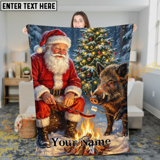 Joycorners Funny Santa Claus and Wild Boar Campfire Christmas Personalized 3D Blanket