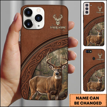 Joycorners Artist Hunting Deer Zipper Leather Brown Forest Ornate Pattern Personalized Name Phone Case