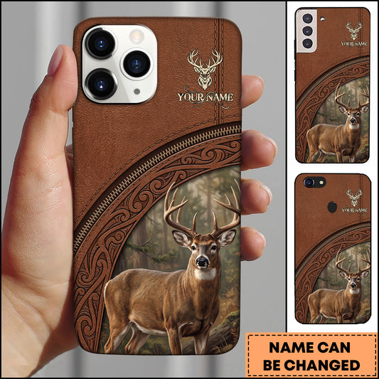 Joycorners Artist Hunting Deer Zipper Leather Brown Forest Ornate Pattern Personalized Name Phone Case