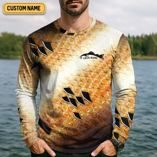 Joycorners Yellow Fish Scale Fishing UPF Shirts, Custom Fishing Shirt, Gift For Fisherman, Mens Casual Shirts