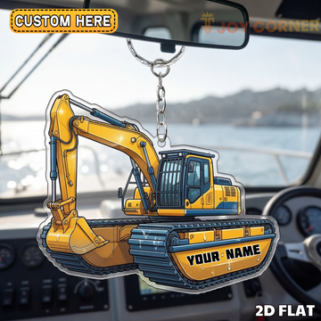 Joycorners Excavator 2D Keychain Yellow Construction Digger Front View Personalized Name