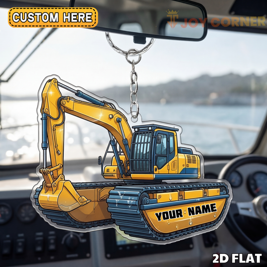 Joycorners Excavator 2D Keychain Yellow Construction Digger Front View Personalized Name