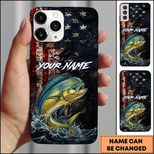 Joycorners Mahi-mahi Fishing Phone Case  Vintage USA Flag Grunge Wave Art Personalized Name Phone Case