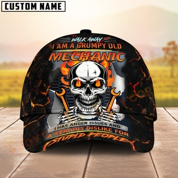 Joycorners Grumpy Old Mechanic Cap – Flaming Skull, Wrenches Crossed, Auto Repair Custom Hat