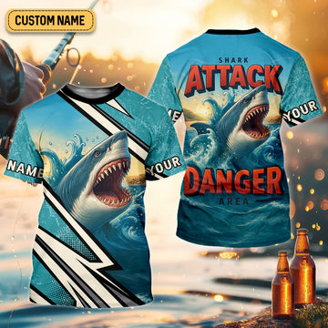 Joycorners Shark Fishing SPF Shirts, Shark Attack Danger Area Fishing Shirts For Men, Funny Fisherman Gift
