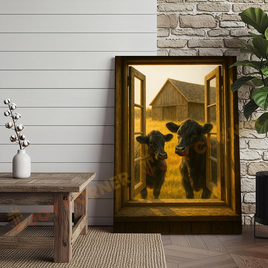 Joycorners Black Angus Cows at Wooden Window Country Barn Wrapped Canvas Wall Art