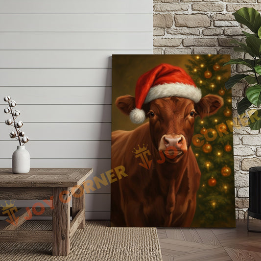 Joycorner Red Angus Cow Santa Hat Christmas Tree 3D Wrapped Canvas