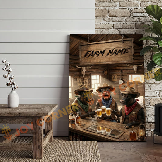 Joycorner Dexter Cow Trio Western Saloon Beer Cheers Rustic Bar Sign Customized Farm Name Canvas