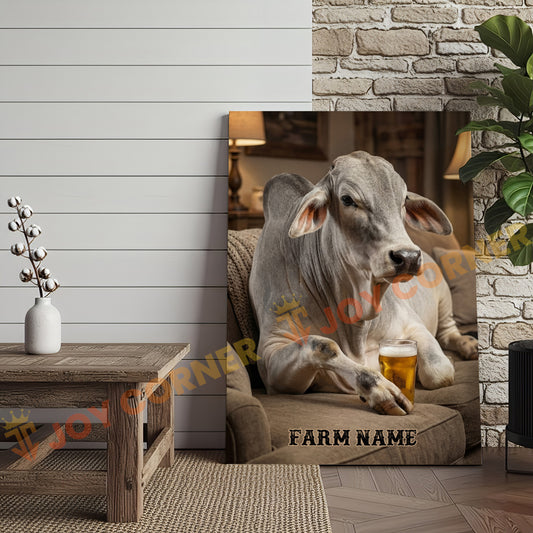 Joycorners Cattle Cow Cozy Farmhouse Brahman Cow Relaxing On Sofa Personalized Name Canvas