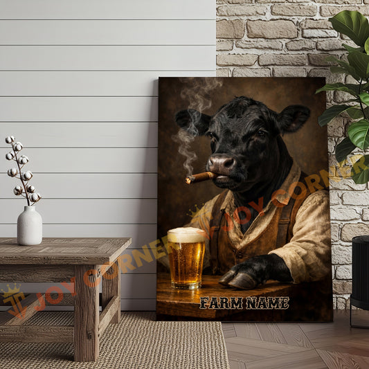 Joycorners Cattle Cow Farmhouse Black Angus Cow Drinking Beer Personalized Name Canvas