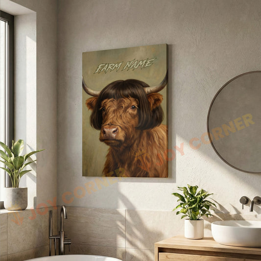 Joycorners Whimsical Highland Farm Cow Portrait Personalized Name Canvas