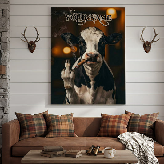 Joycorner Holstein Smoking Cow Flipping Finger Attitude Wall Art Custom Name Rustic Canvas