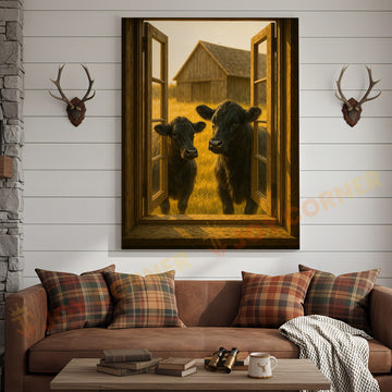 Joycorners Black Angus Cows at Wooden Window Country Barn Wrapped Canvas Wall Art
