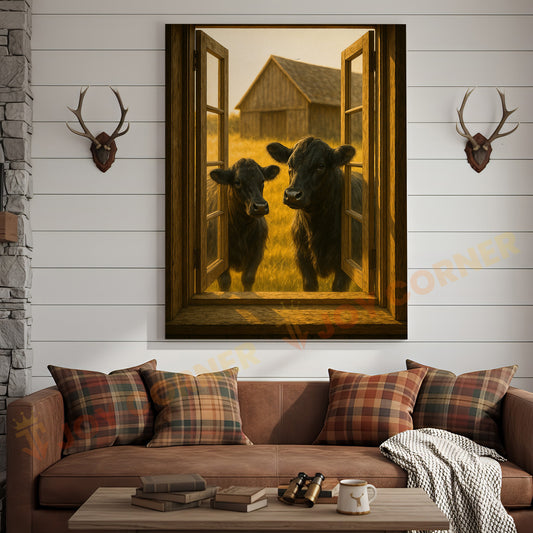 Joycorners Black Angus Cows at Wooden Window Country Barn Wrapped Canvas Wall Art