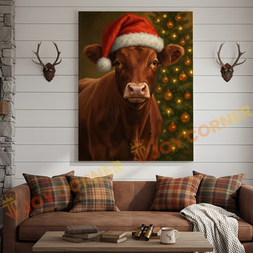 Joycorner Red Angus Cow Santa Hat Christmas Tree 3D Wrapped Canvas