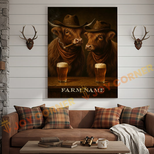 Joycorner Highland Cow Cowboy Beer Bar – Personalized Farm Name 3D Wrapped Canvas