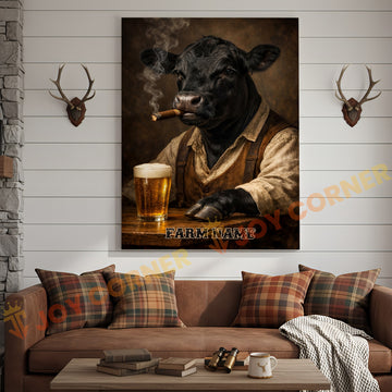 Joycorners Cattle Cow Farmhouse Black Angus Cow Drinking Beer Personalized Name Canvas
