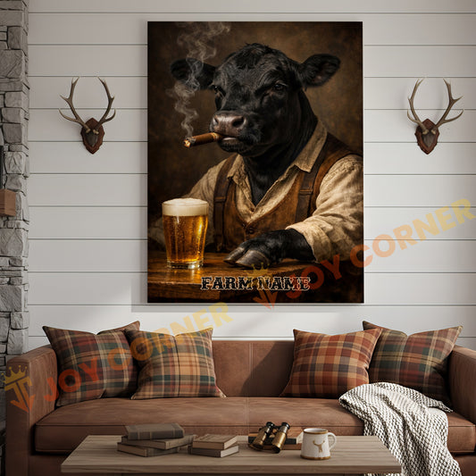 Joycorners Cattle Cow Farmhouse Black Angus Cow Drinking Beer Personalized Name Canvas