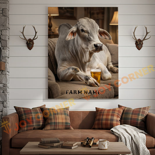 Joycorners Cattle Cow Cozy Farmhouse Brahman Cow Relaxing On Sofa Personalized Name Canvas