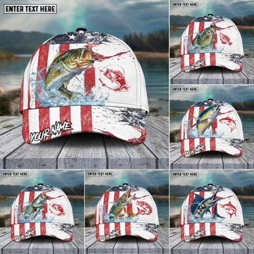 Joycorners Fishing Red Blue Seawwave American Flag Pattern Sport Pattern Personalized Name 3D Cap (11 Breeds)