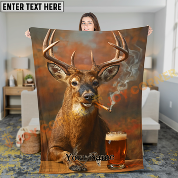 Joycorners Cool Whitetail Buck Deer Smoking Cigar with Beer Personalized 3D Blanket