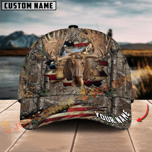 Joycorners American Flag Hunting Moose Crack Camo Pattern Multicolor Option Personalized Cap