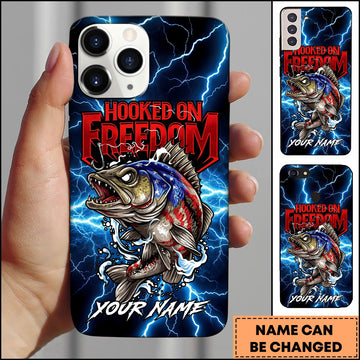 Joycorners Walleye Fishing Phone Case Hooked On Freedom Lightning Art Personalized Name 3D Phone Case