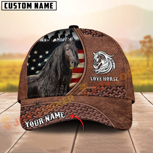 Joycorners Friesian Horse American Flag Love Horse Personalized Name 3D Cap
