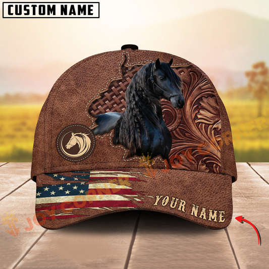 Joycorners Friesian Horse Brown Leather Pattern Personalized Name 3D Cap