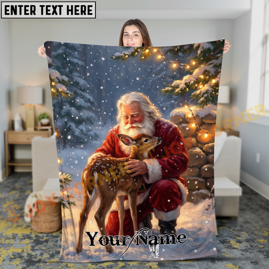 Joycorners Magical Christmas Santa Claus and Baby Fawn Snowy Forest Personalized 3D Blanket