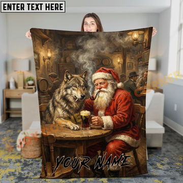 Joycorners Humorous Santa Claus and Grey Wolf Drinking Beer Tavern Personalized 3D Blanket