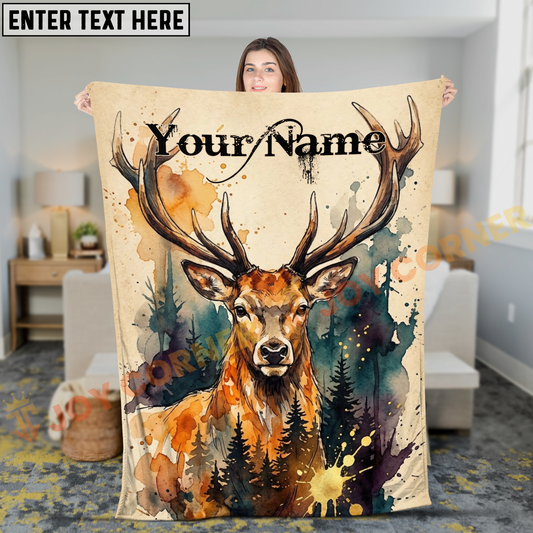 Joycorners Vintage Watercolor Stag Artistic Design Personalized 3D Blanket