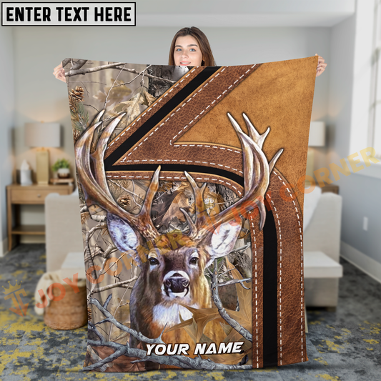Joycorners Rustic Leather Trophy Buck Woodland Camo Personalized 3D Blanket