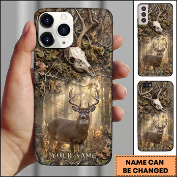 Joycorners Hunting Whitetail Deer Skull Antlers Woodland Camo Personalized Name Phone Case