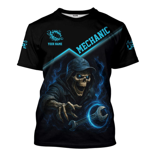 Joycorners Personalized T-Shirt I Am A Grumpy Old Mechanic Blue Flame Grim Reaper Design Shirt For Mechanics PT2609