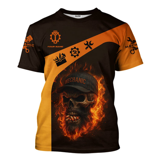 Joycorners Personalized T-Shirt Grumpy Old Mechanic You're About To Exceed The Limits Of My Medication Flame Skull Design Shirt PT2609