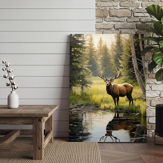 Joycorner Elk by Meadow Lake Sunlit Forest Reflection Canvas